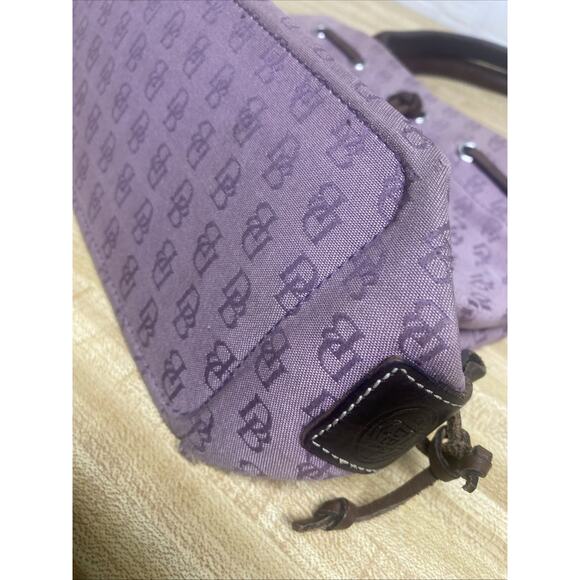 90s DOONEY & BOURKE Eggplant Canvas Sig Logo TOTE Leather Trim Double Handle - Picture 5 of 12